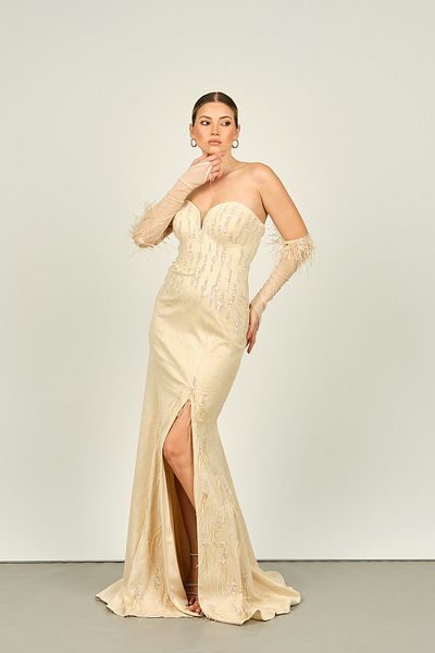 ÖMÜR INN Ömür Inn Fish Form Stone Embroidered Heart Collar Women's Evening Dress with Mobile Sleeves 4240 Tan