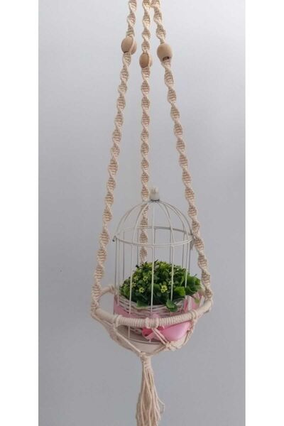 MİN & MİND Duvar Ve Balkon Süsleme 3 Büküm Ekru Makrome Tekli Saksılık (MAKROME ÇİÇEKLİK)