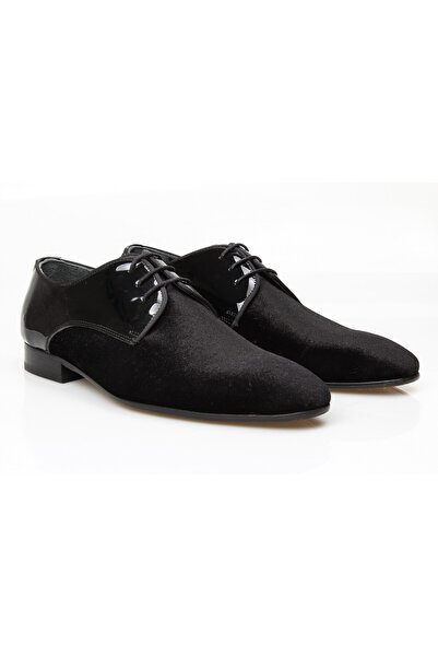 Butik Black Color Velvet Lace-Up Genuine Leather Men's Shoes