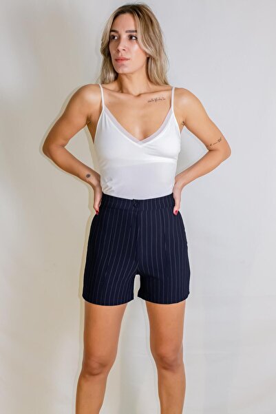 ARESMODA شورت نسائي قصير مرن عالي الخصر من الليكرا مضلع ومخيط باللون الأزرق الداكن