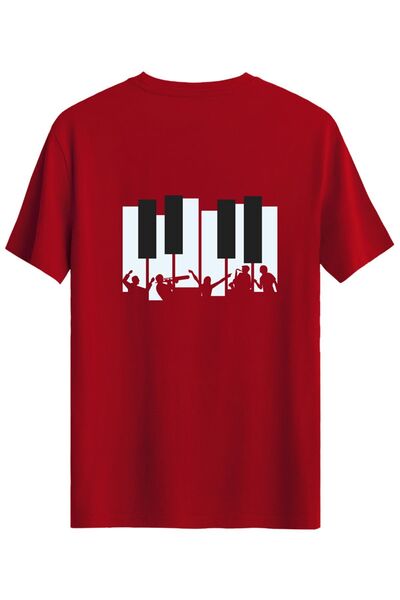 Bellance تي شيرت بقصة ضيقة مطبوع عليه بيانو، تي شيرت برقبة دائرية باللون الأحمر