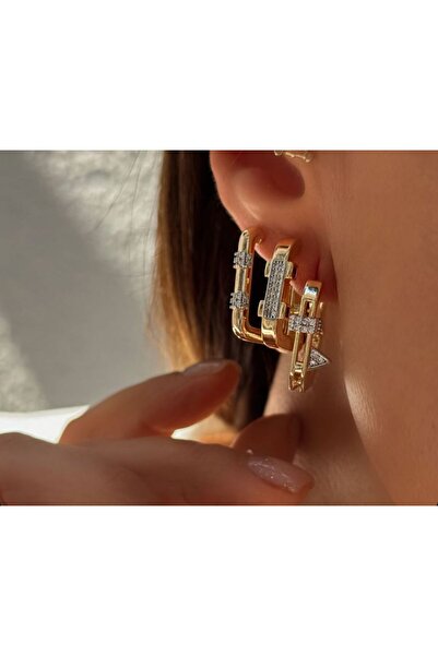 Brillo Serenay Zirkon Taşlı Fuşya Detaylı 3lü Tek Küpe Seti