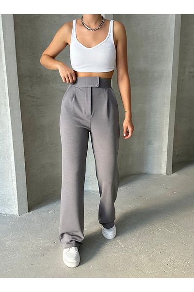 BEJNA Graue Palazzo-Hose aus Lycra mit Klettverschluss für Damen