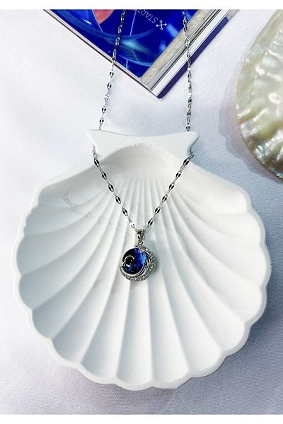 ZEY Women's Steel Blue Stone Planet Necklace