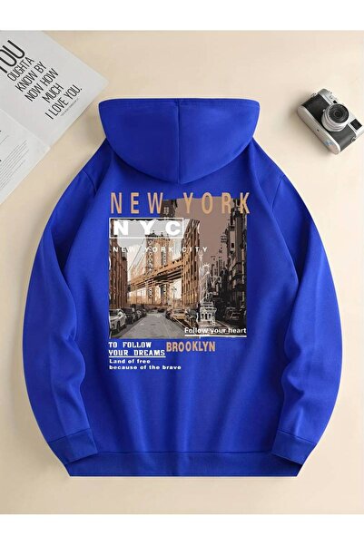 NoVibe Світшот з капюшоном New York Baskılı Unisex Oversize - 3 нитки, 100% бавовна, зимовий худі
