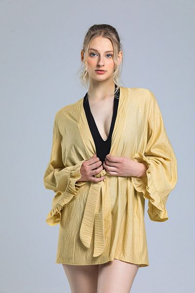Baluxe Women's Yellow Cotton Linen Blended Belted Kimono