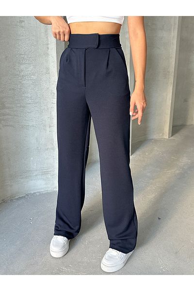 BEJNA Marineblaue Palazzo-Hose aus Lycra mit Klettverschluss für Damen