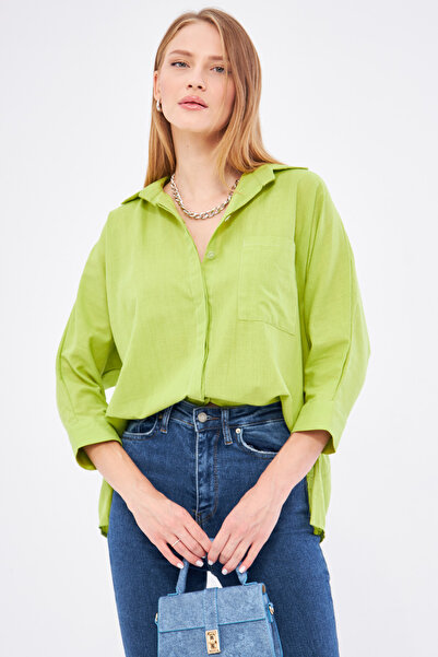 armonika Πουκάμισο από λινό πράσινο φιστίκι - Τσέπες και φαρδιά, ARM-21Y 001035