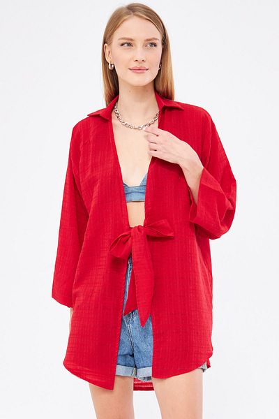 armonika Red Striped Women's Kimono Shirt - Front Tie, ARM-24Y 001101
