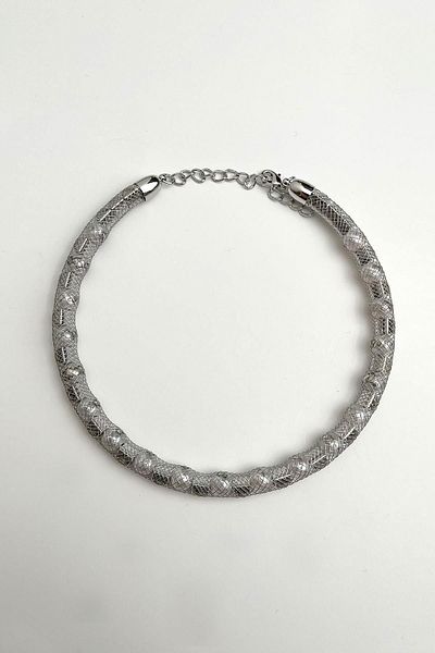 Modex Wicker Wire Detailed Pearl Stone Row Choker Necklace