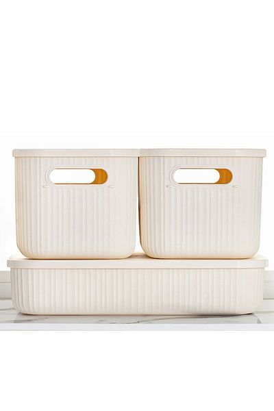 HOMİNG Homing Ecru Cream 3-Piece Organizer Set with Lid 2X6.2Lt and 1X6.8Lt