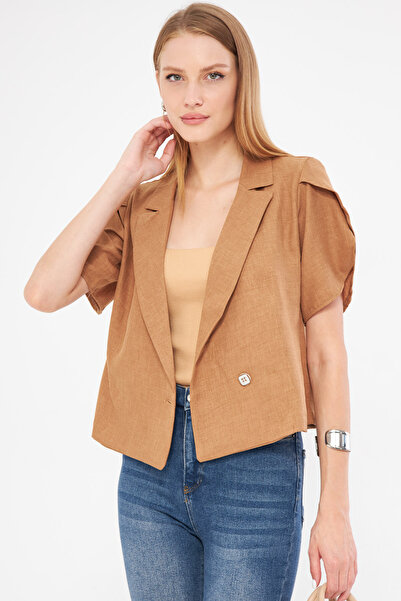 armonika Light Brown Women's Crop Jacket - Slit Detail, Short Sleeve ARM-24Y 001048