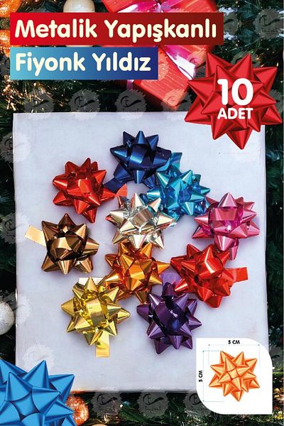 t tuğset etiket 10 Colorful Metallic Adhesive Gift Ornament Package - Star Bow Ornament Pull