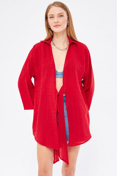 armonika Red Striped Women's Kimono Shirt - Front Tie, ARM-24Y 001101