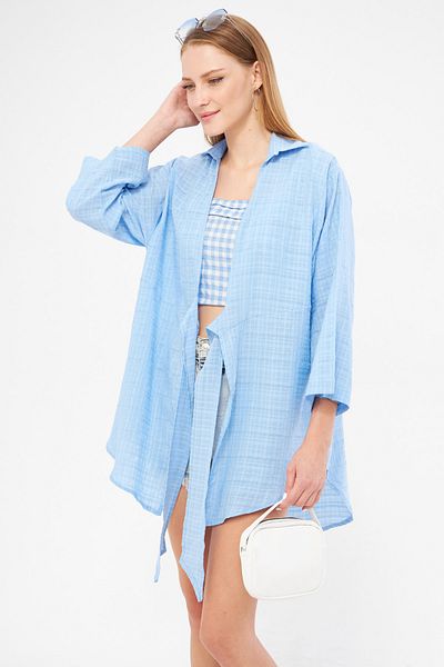 armonika Cămașă Kimono cu dungi Baby Blue - Front Tie, Femei, ARM-24Y 001101