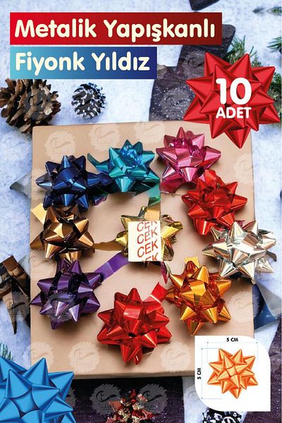 t tuğset etiket 10 Colorful Metallic Adhesive Gift Ornament Package - Star Bow Ornament Pull