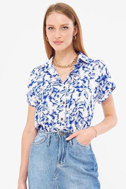 armonika Saks-Ecru Patterned Women's Shirt - Short Sleeve, ARM-22Y 001052