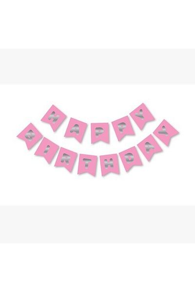 Deniz Party Store Ροζ Επιγραφή Happy Birthday - Ασημένιο φύλλο