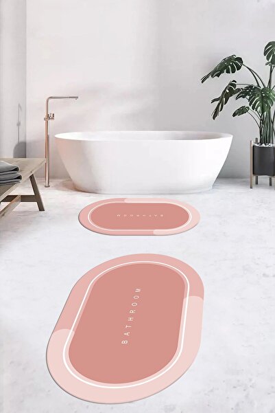 EY HOME Ψηφιακό τυπωμένο πλενόμενο σετ τουαλέτας με γραπτό οβάλ χαλάκι μπάνιου, OKLZT-1-PINK,