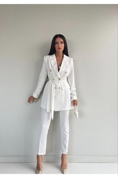 Moda İkra Double Fabric 87%Polyester%13Elastane Belted Jacket and Trousers Set - Button Detailed