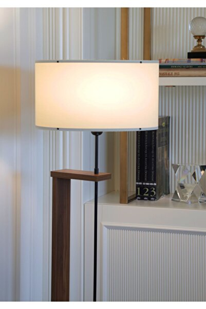 HOMİNG Pi Krem Kumaş Ahşap Gövdeli Lambader Ayd-2132