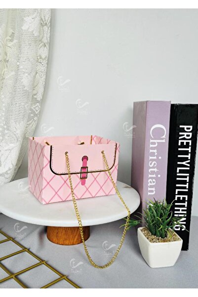 t tuğset etiket Zincirli Çiçek Taşıma Çantası - Karton Çiçek Buket Çikolata Gül Hediye Kutusu Çanta Pembe 10 adet -