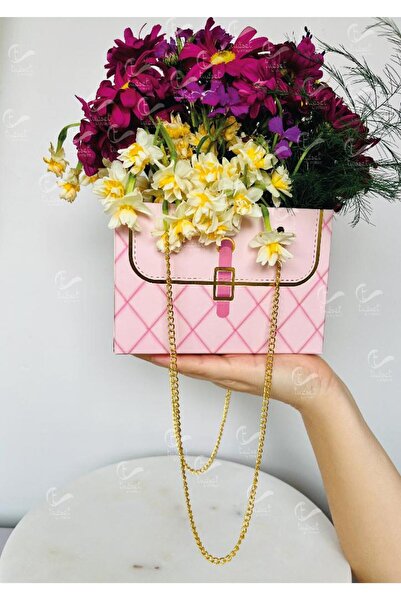 t tuğset etiket Zincirli Çiçek Taşıma Çantası - Karton Çiçek Buket Çikolata Gül Hediye Kutusu Çanta Pembe 2 adet -T8