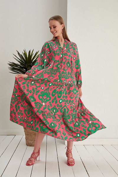 ZF BUTİK MADDEN COLLAR BUTTONED PATTERN DRESS OVERSIZED