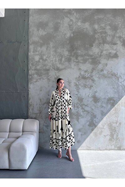 ZF BUTİK Übergroßes, gemustertes Kleid mit Knopfleiste und Chief-Kragen