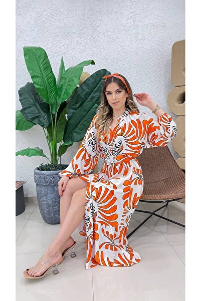 ZF BUTİK V-Neck Patterned Tied Long Dress