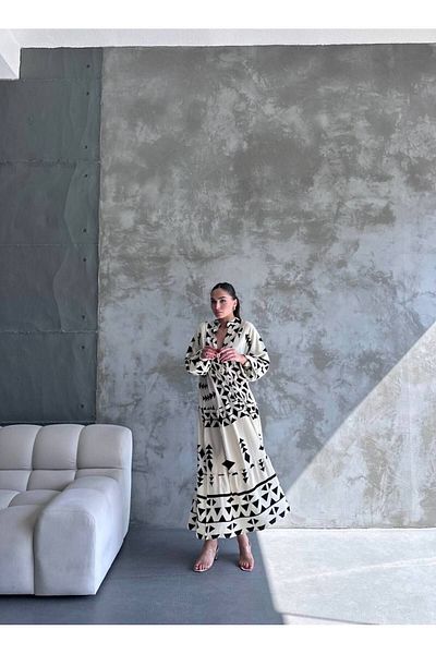 ZF BUTİK Übergroßes, gemustertes Kleid mit Knopfleiste und Chief-Kragen