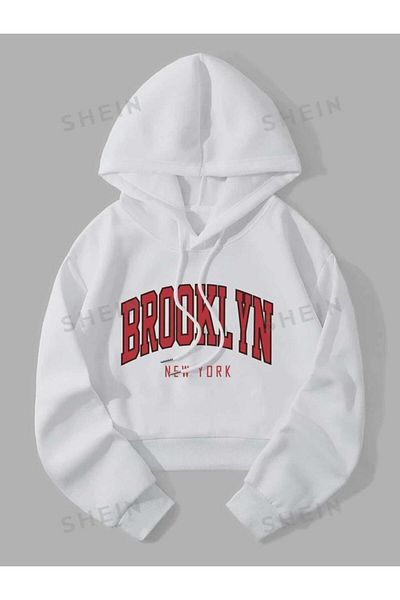Keywest Hanorac crop cu glugă supradimensionat pentru copii cu imprimeu Brooklyn
