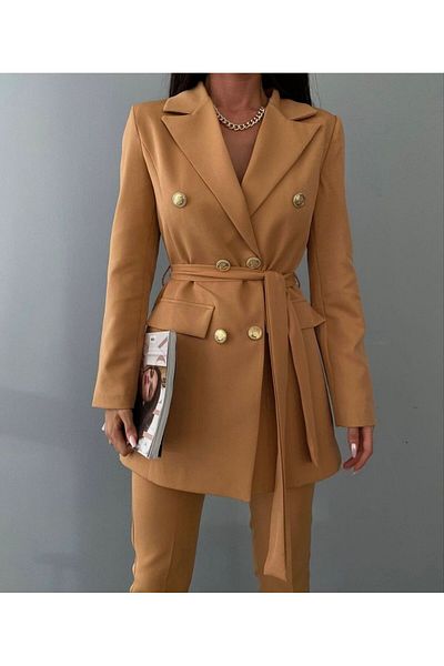 Moda İkra Double Fabric 87%Polyester%13Elastane Belted Jacket and Trousers Set - Button Detailed