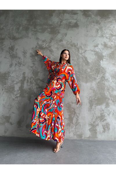 ZF BUTİK Long Patterned Hijab Shirt Dress