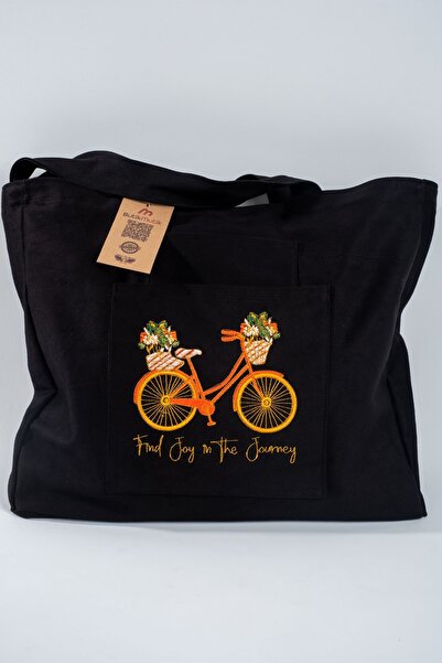 Wings Of Simurg Butikmutik-bisiklet Nakışlı Işlemeli Fermuarlı Kanvas Çanta