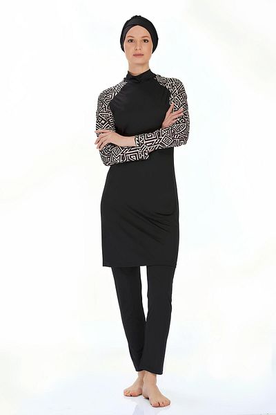 MEBA Μαύρο ριγέ Lycra Rosmay Hijab μαγιό - Full Covered 9229