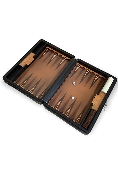 Smyrna Acar Black Artificial Leather Travel Size Backgammon with Metal Locking Bag 19.5*26.5*5.5 Cm