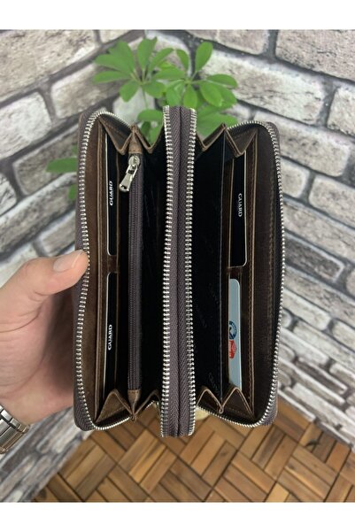 GUARD Çift Fermuarlı Crazy Kahve Deri El Çantası