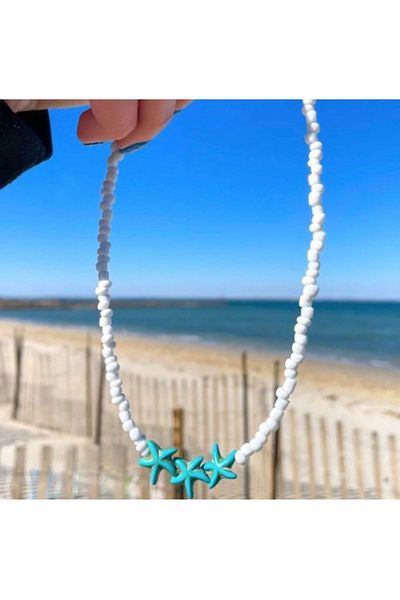 Stoneday Turquoise White Starfish Crimped Stone Pendant White Sand Bead Summer Necklace