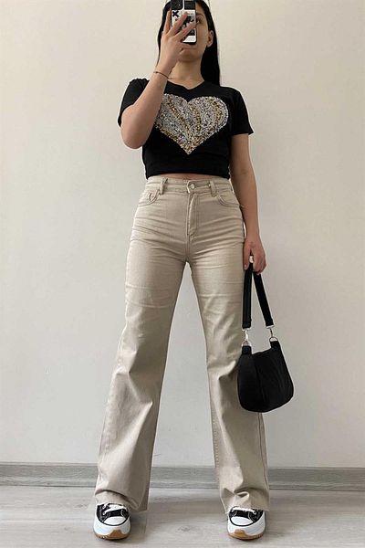 MAKRAS EXCLUSIVE Beige Colored Penolope Women's Jeans - Cut-Out and Wide Leg