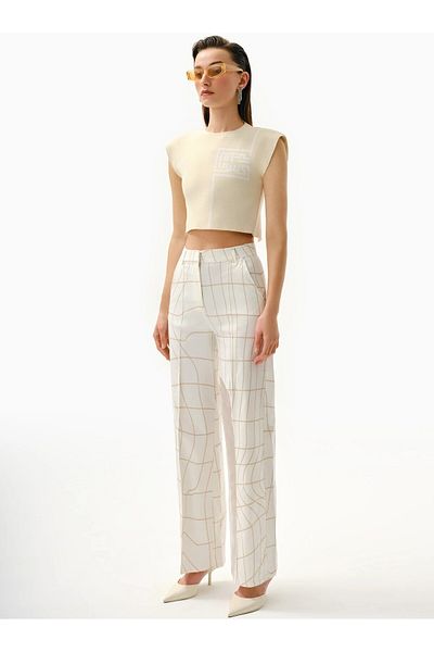 KNTLGY White High Waist Cross Printed Wide Leg Women's Trousers
