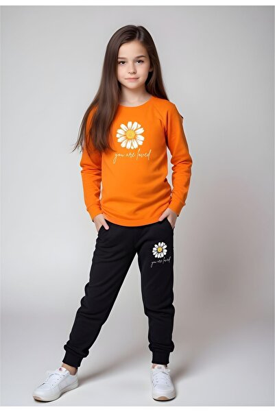 FYK COLLECTİON Alt-üst Kız Çocuk Papatya Desenli Yazı Baskılı Bel Detayı Last...