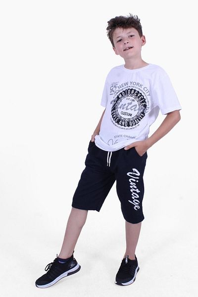 FYK COLLECTİON Vintage 95 Summer Printed Boy's Summer Top-to-Bottom Λευκό Σετ