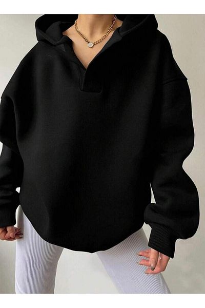 CAST COLLECTİON Women's Black Los Angeles Low-Cut Hooded Sweatshirt