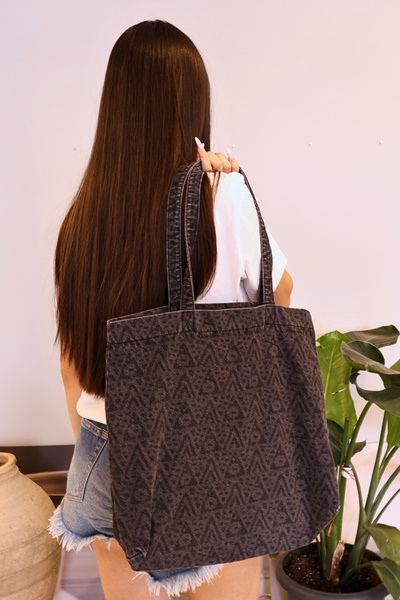 ICONE BAG Desenli Yıkamalı Denim Kadın Çantası, Geniş Hacimli, Desenli El ve Omuz Bez Çanta Shopper