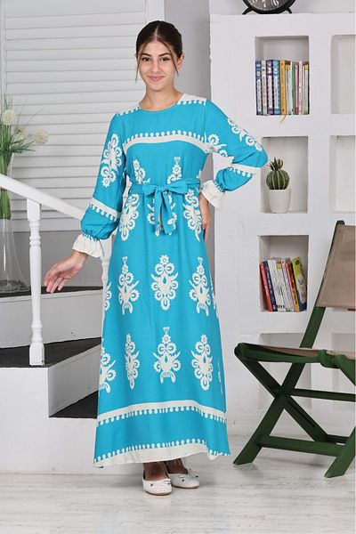 Asortix Fata - 100% bumbac vascoza, imprimeu, rochie lunga potrivita pentru hijab