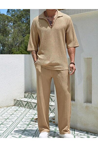 NO 601 Men's Beige Apaj Collar T-Shirt and Trousers Set