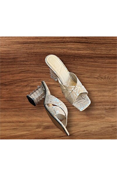 İpek vizon kadın şeffaf boyalı topuklu terlik