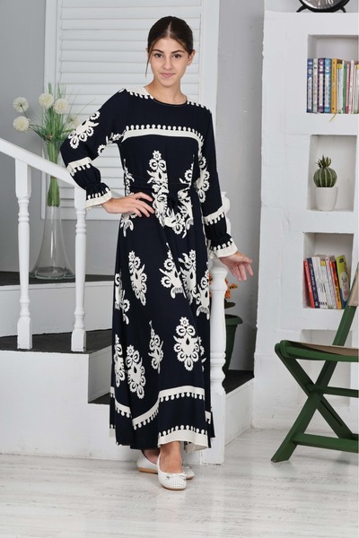 Jannock Young Girl's Cotton Viscose Fabric Patterned Long Modest Dress