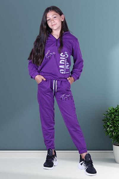 FYK COLLECTİON Love City Printed Zippered Girl's Hooded Double Pocket Purple ...